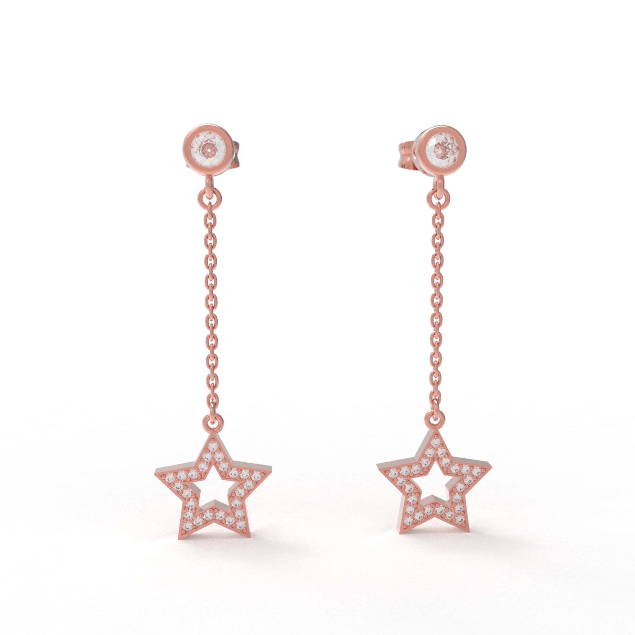 CZ Star Moon Celestial Dangle Chain Earrings, Hallmarked 925 Sterling Silver